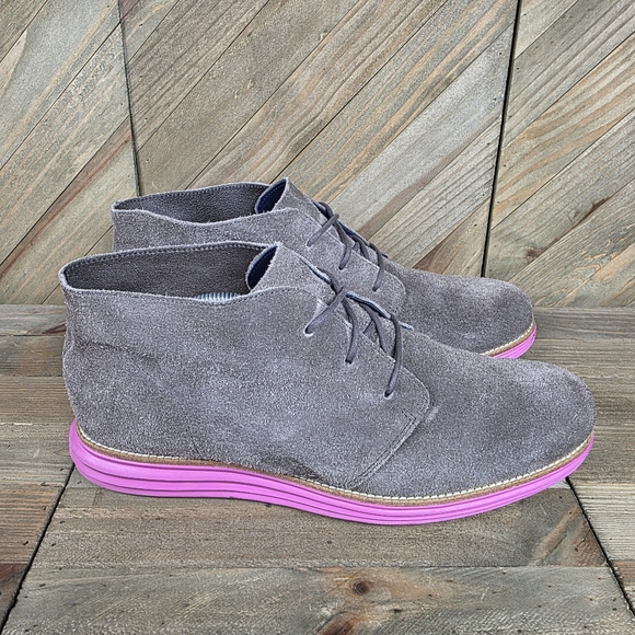 Cole Haan LunarGrand Mens Lace Up Chukka Boots Size 12 Grey Suede Orchid Pink main image 4